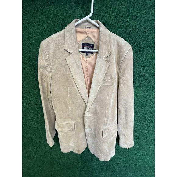 Vintage Sparetime Leather Suede Jacket Blazer Tan Buttonup Front Pockets Sz 42 - Picture 1 of 12